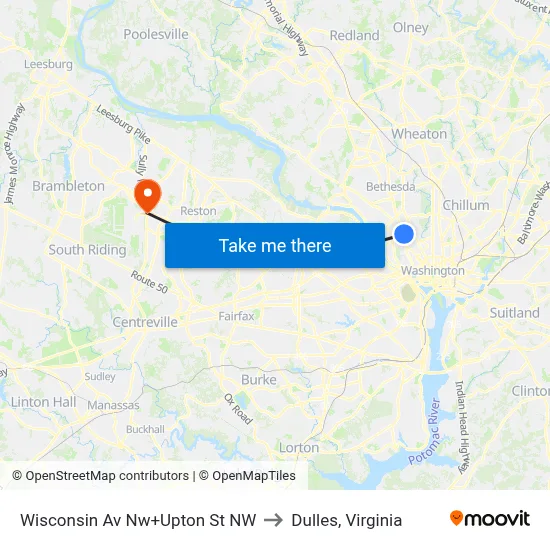 Wisconsin Av Nw+Upton St NW to Dulles, Virginia map