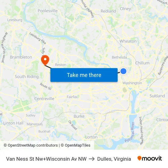 Van Ness St Nw+Wisconsin Av NW to Dulles, Virginia map