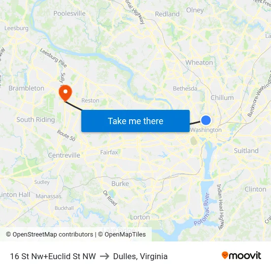 16 St Nw+Euclid St NW to Dulles, Virginia map