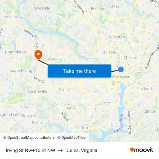 Irving St Nw+16 St NW to Dulles, Virginia map