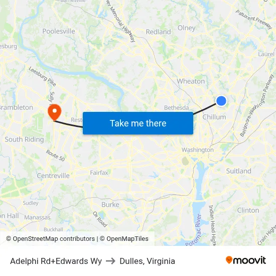 Adelphi Rd+Edwards Wy to Dulles, Virginia map