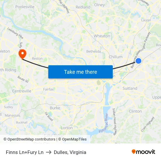 Finns Ln+Fury Ln to Dulles, Virginia map