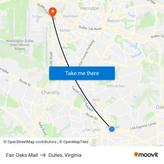 Fair Oaks Mall to Dulles, Virginia map