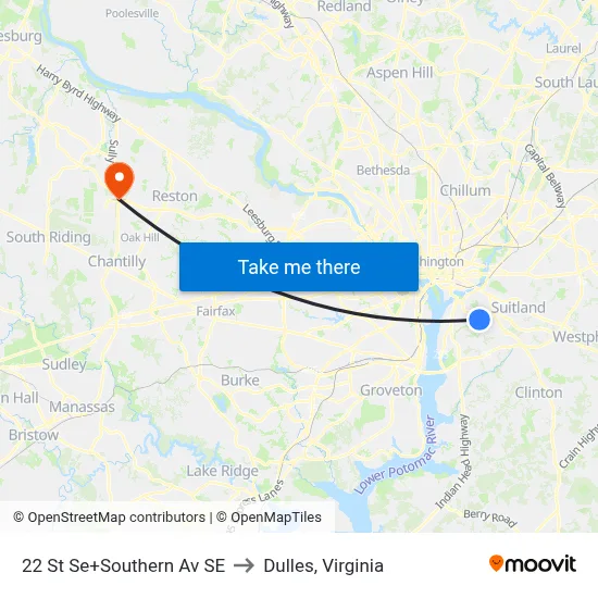 22 St Se+Southern Av SE to Dulles, Virginia map