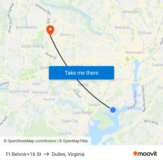 Ft Belvoir+16 St to Dulles, Virginia map