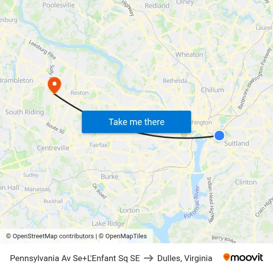 Pennsylvania Av Se+L'Enfant Sq SE to Dulles, Virginia map