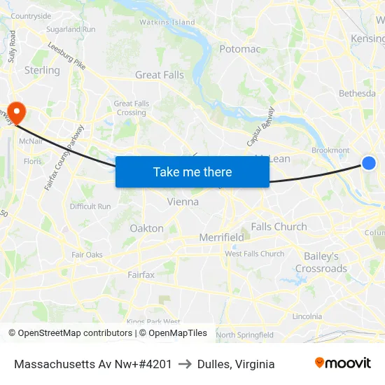 Massachusetts Av Nw+#4201 to Dulles, Virginia map