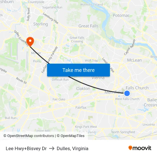 Lee Hwy+Bisvey Dr to Dulles, Virginia map