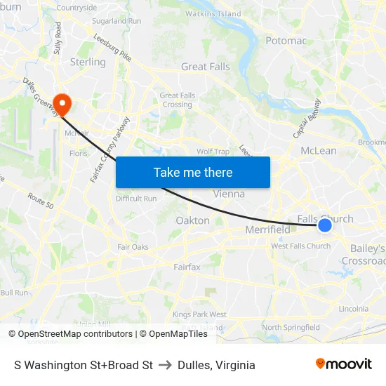 S Washington St+Broad St to Dulles, Virginia map