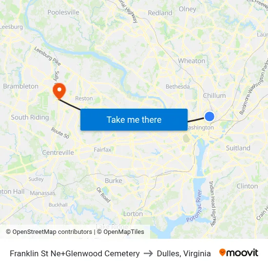 Franklin St Ne+Glenwood Cemetery to Dulles, Virginia map