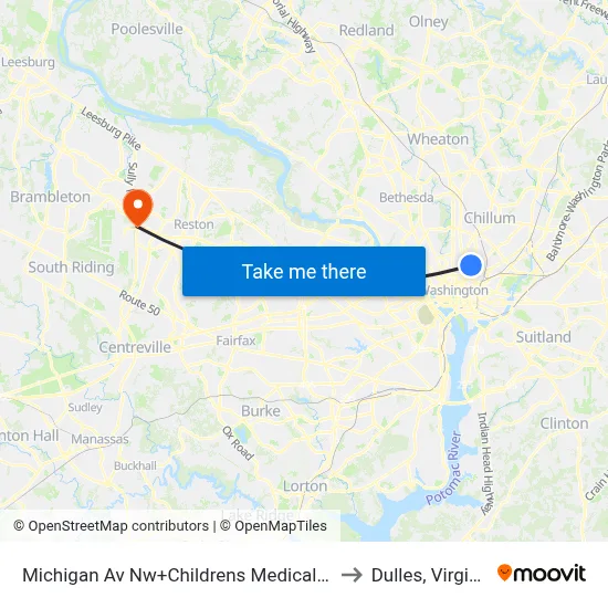 Michigan Av Nw+Childrens Medical Ctr to Dulles, Virginia map