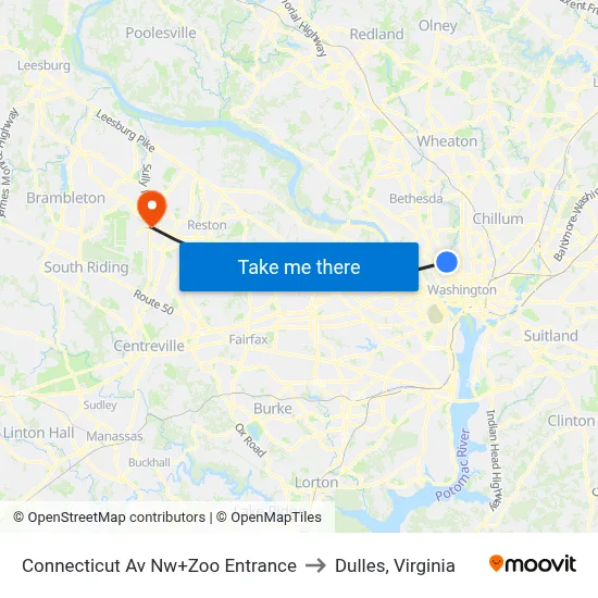 Connecticut Av Nw+Zoo Entrance to Dulles, Virginia map