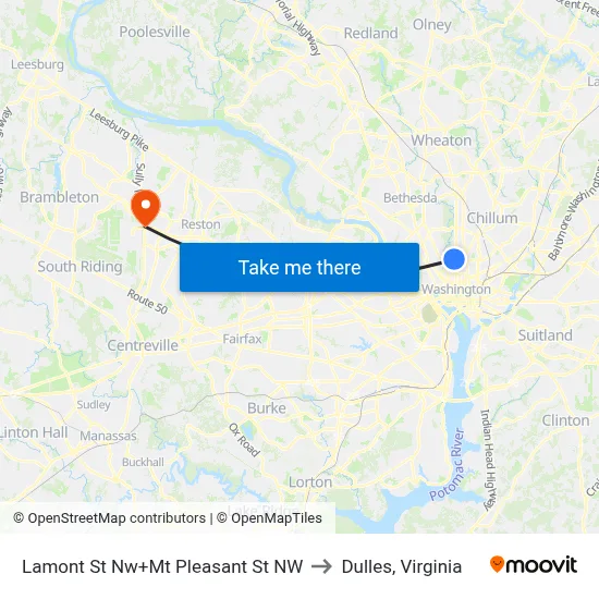 Lamont St Nw+Mt Pleasant St NW to Dulles, Virginia map