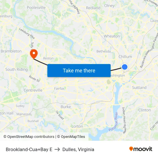 Brookland-Cua+Bay E to Dulles, Virginia map