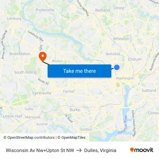 Wisconsin Av Nw+Upton St NW to Dulles, Virginia map