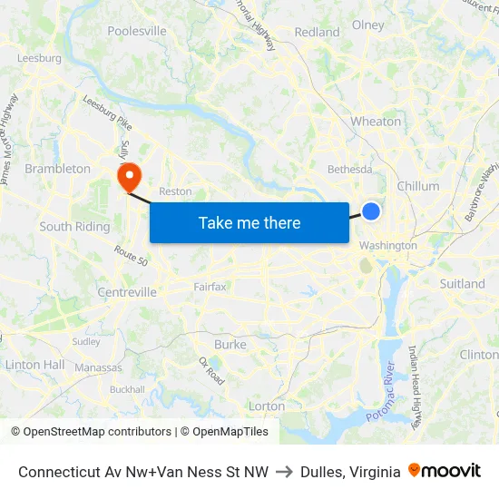Connecticut Av Nw+Van Ness St NW to Dulles, Virginia map