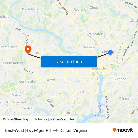 East-West Hwy+Ager Rd to Dulles, Virginia map