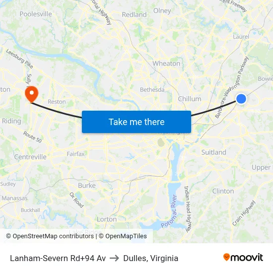 Lanham-Severn Rd+94 Av to Dulles, Virginia map