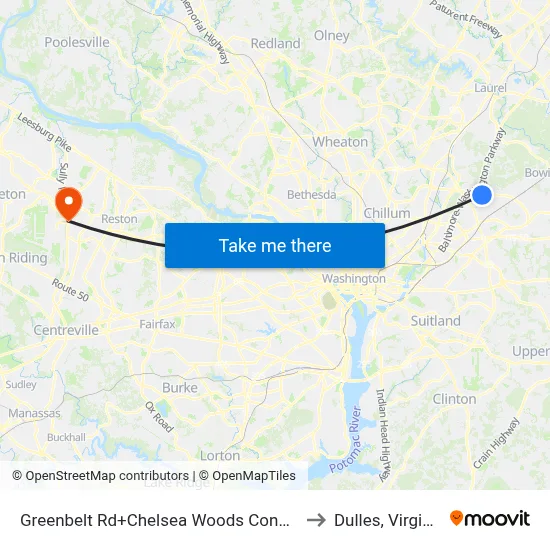 Greenbelt Rd+Chelsea Woods Condos to Dulles, Virginia map
