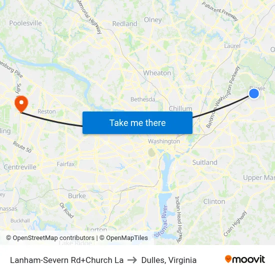 Lanham-Severn Rd+Church La to Dulles, Virginia map