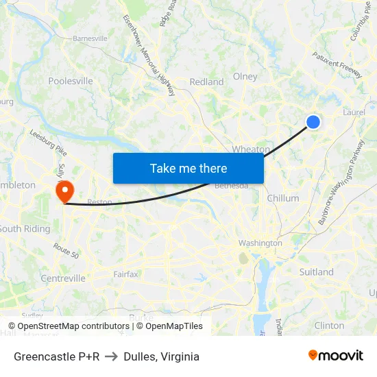 Greencastle P+R to Dulles, Virginia map