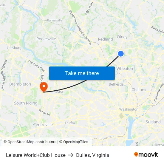 Leisure World+Club House to Dulles, Virginia map