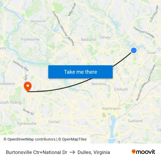Burtonsville Ctr+National Dr to Dulles, Virginia map