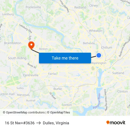 16 St Nw+#3636 to Dulles, Virginia map