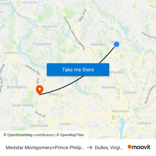 Medstar Montgomery+Prince Philip Dr to Dulles, Virginia map