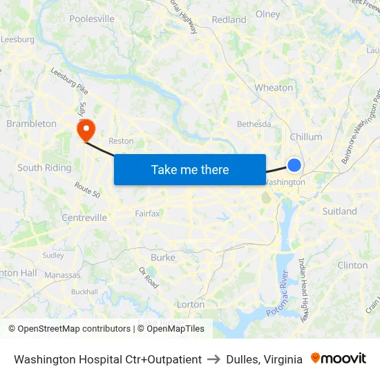 Washington Hospital Ctr+Outpatient to Dulles, Virginia map