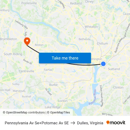 Pennsylvania Av Se+Potomac Av SE to Dulles, Virginia map