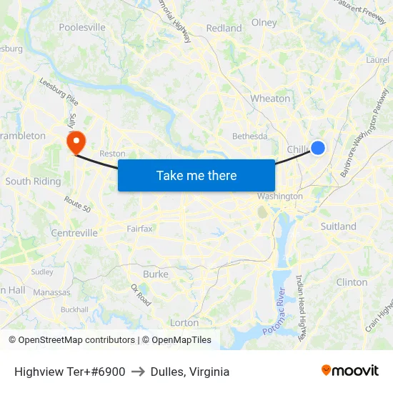Highview Ter+#6900 to Dulles, Virginia map