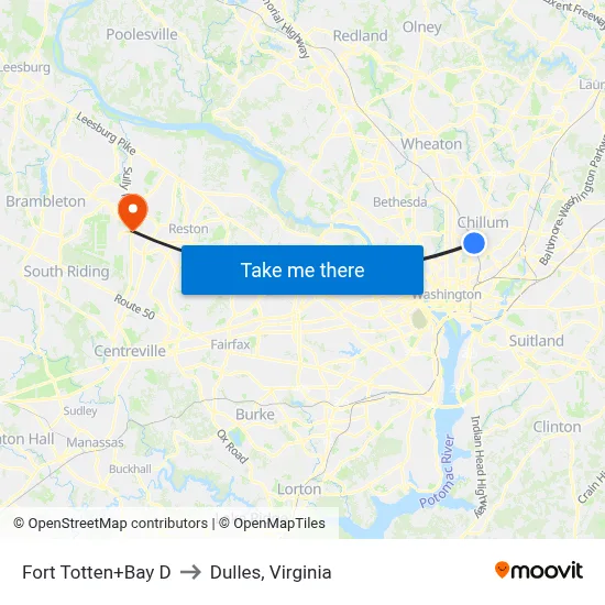 Fort Totten+Bay D to Dulles, Virginia map