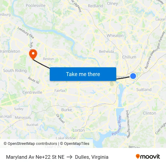 Maryland Av Ne+22 St NE to Dulles, Virginia map