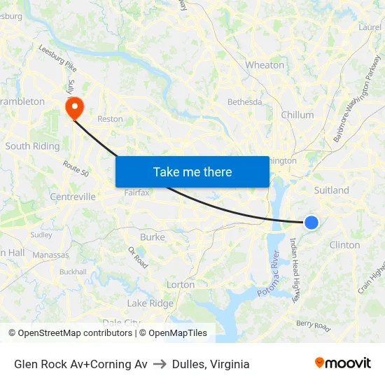 Glen Rock Av+Corning Av to Dulles, Virginia map
