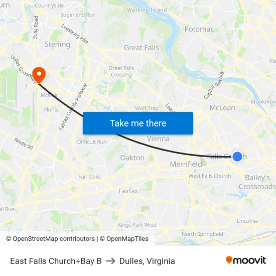 East Falls Church+Bay B to Dulles, Virginia map