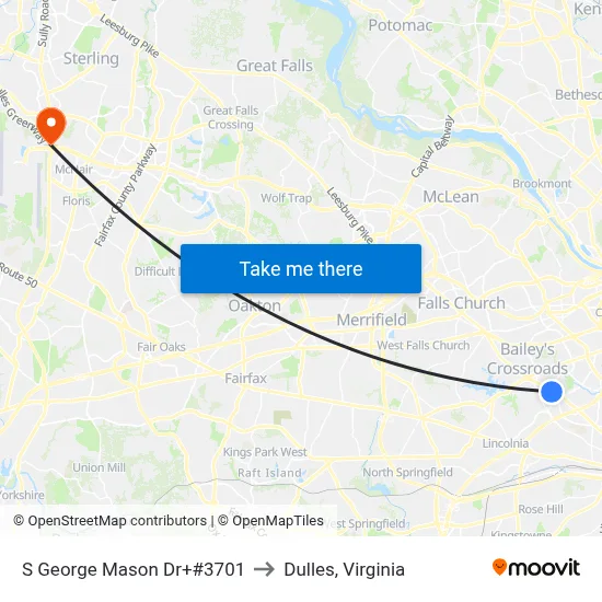 S George Mason Dr+#3701 to Dulles, Virginia map
