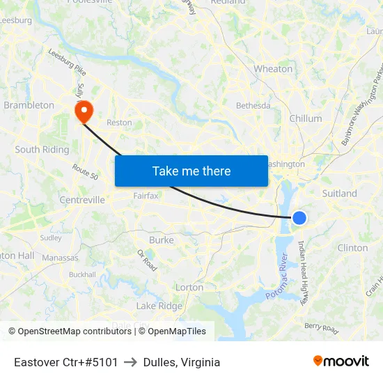 Eastover Ctr+#5101 to Dulles, Virginia map