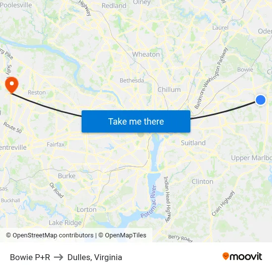 Bowie P+R to Dulles, Virginia map