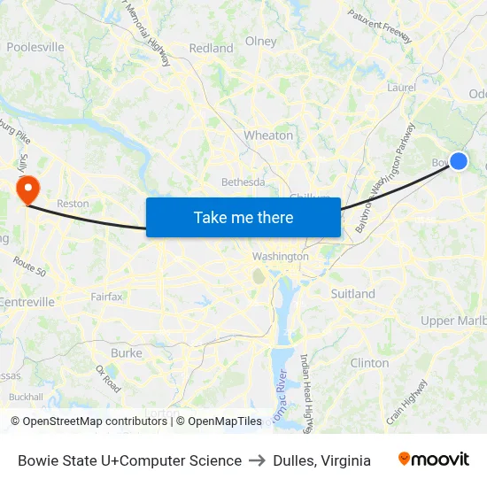 Bowie State U+Computer Science to Dulles, Virginia map