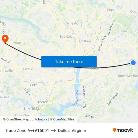 Trade Zone Av+#16001 to Dulles, Virginia map