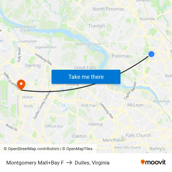 Montgomery Mall+Bay F to Dulles, Virginia map