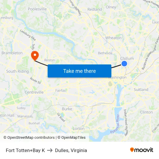 Fort Totten+Bay K to Dulles, Virginia map