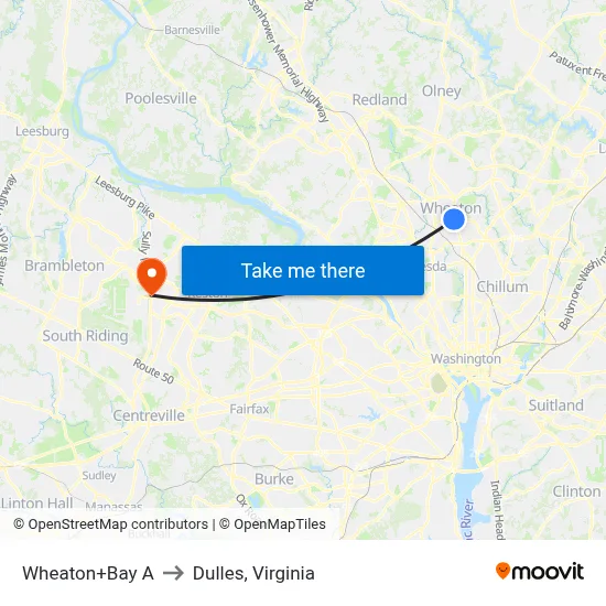 Wheaton+Bay A to Dulles, Virginia map