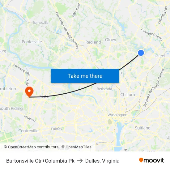 Burtonsville Ctr+Columbia Pk to Dulles, Virginia map