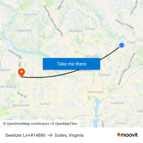 Sweitzer Ln+#14880 to Dulles, Virginia map