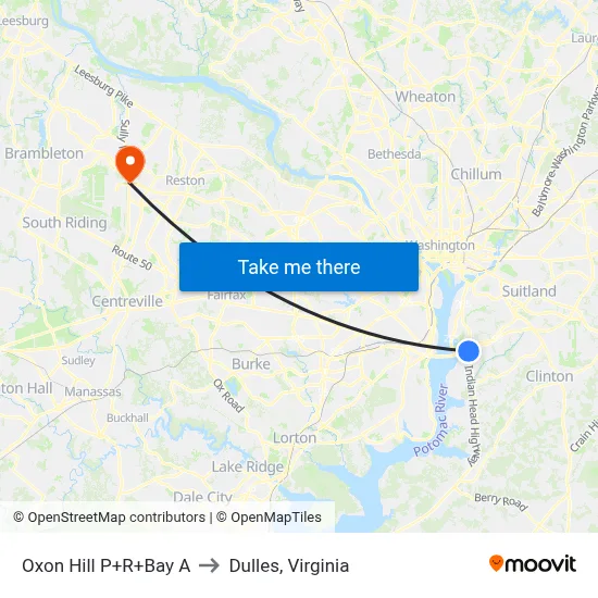 Oxon Hill P+R+Bay A to Dulles, Virginia map
