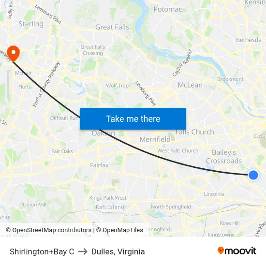 Shirlington+Bay C to Dulles, Virginia map
