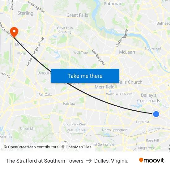 The Stratford at Southern Towers to Dulles, Virginia map