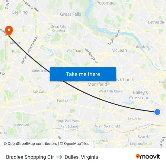 Bradlee Shopping Ctr to Dulles, Virginia map
